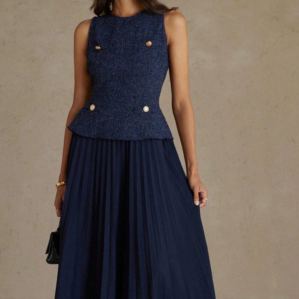 Navy Blue Elegant Women's Pleated Sleeveless Dress - Picture 1 of 7